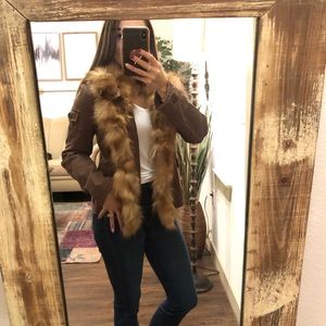 BCBG Maxazria women’s brown coat w/ fur trim / XS